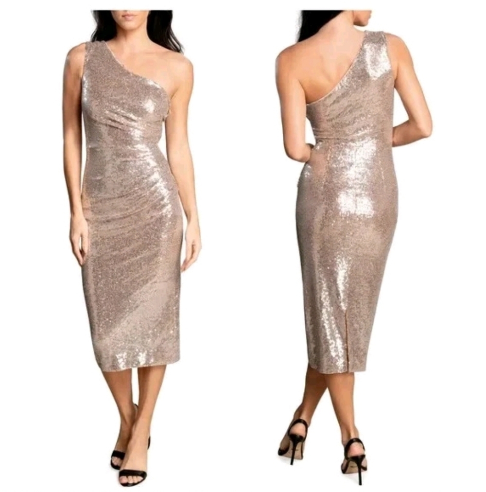 NWT Dress The Population Martine One Shoulder Sequin Midi Dress Nude Multi Sz M